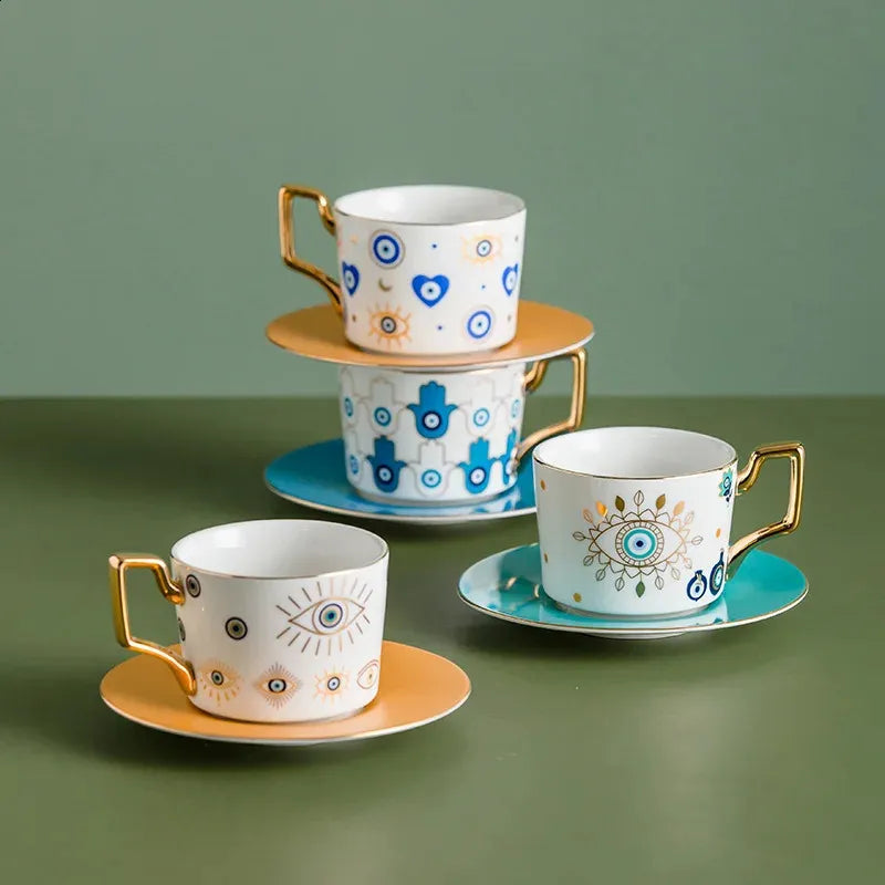 Blue Evil Eye Coffee & Tea Cup Set with Plates