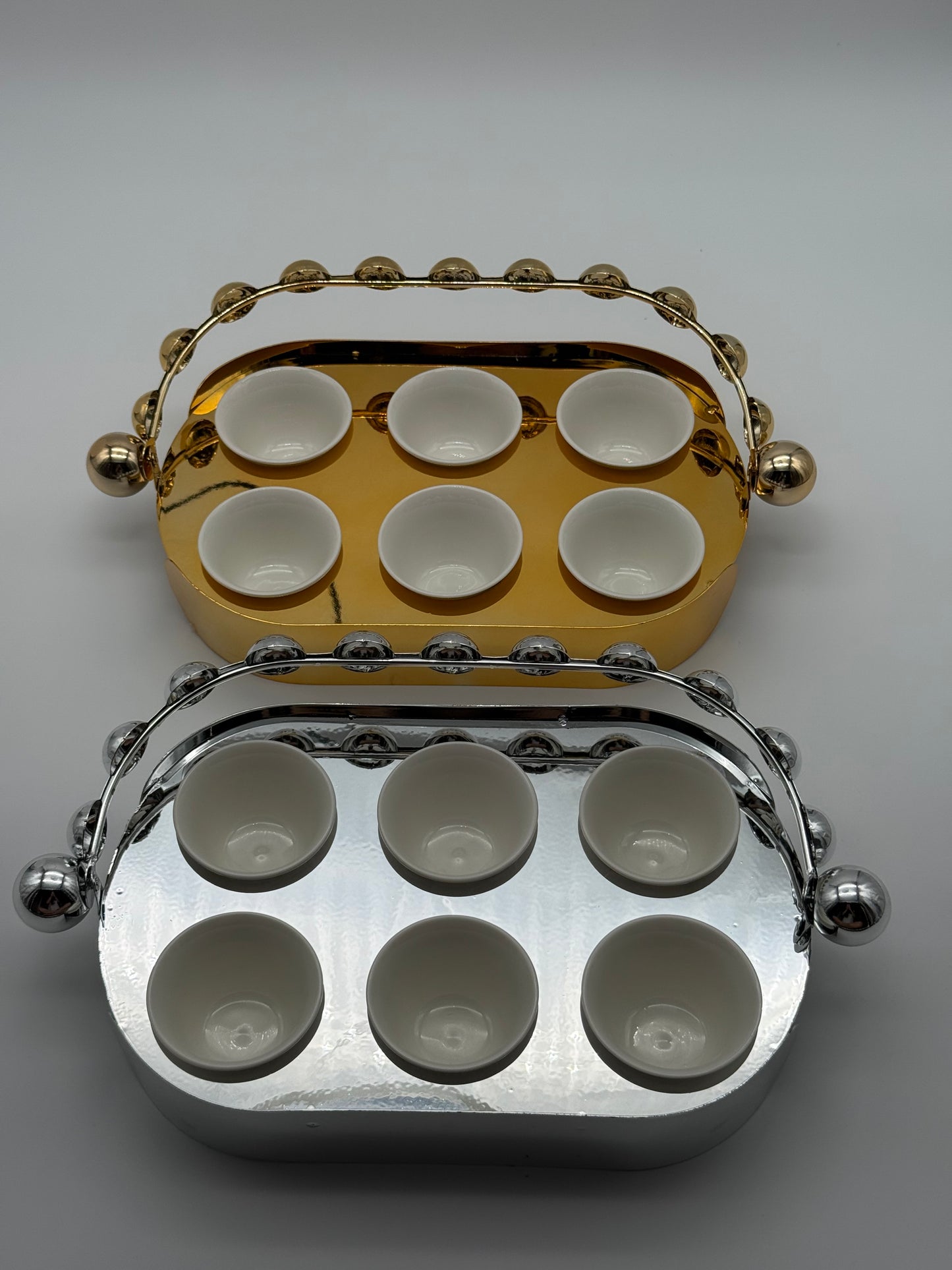 Luxury Metal Coffee Cup Holder Set with 6 Porcelain Cups – 7 Piece Espresso/Arabic Coffee Serving Set (Gold or Silver)
