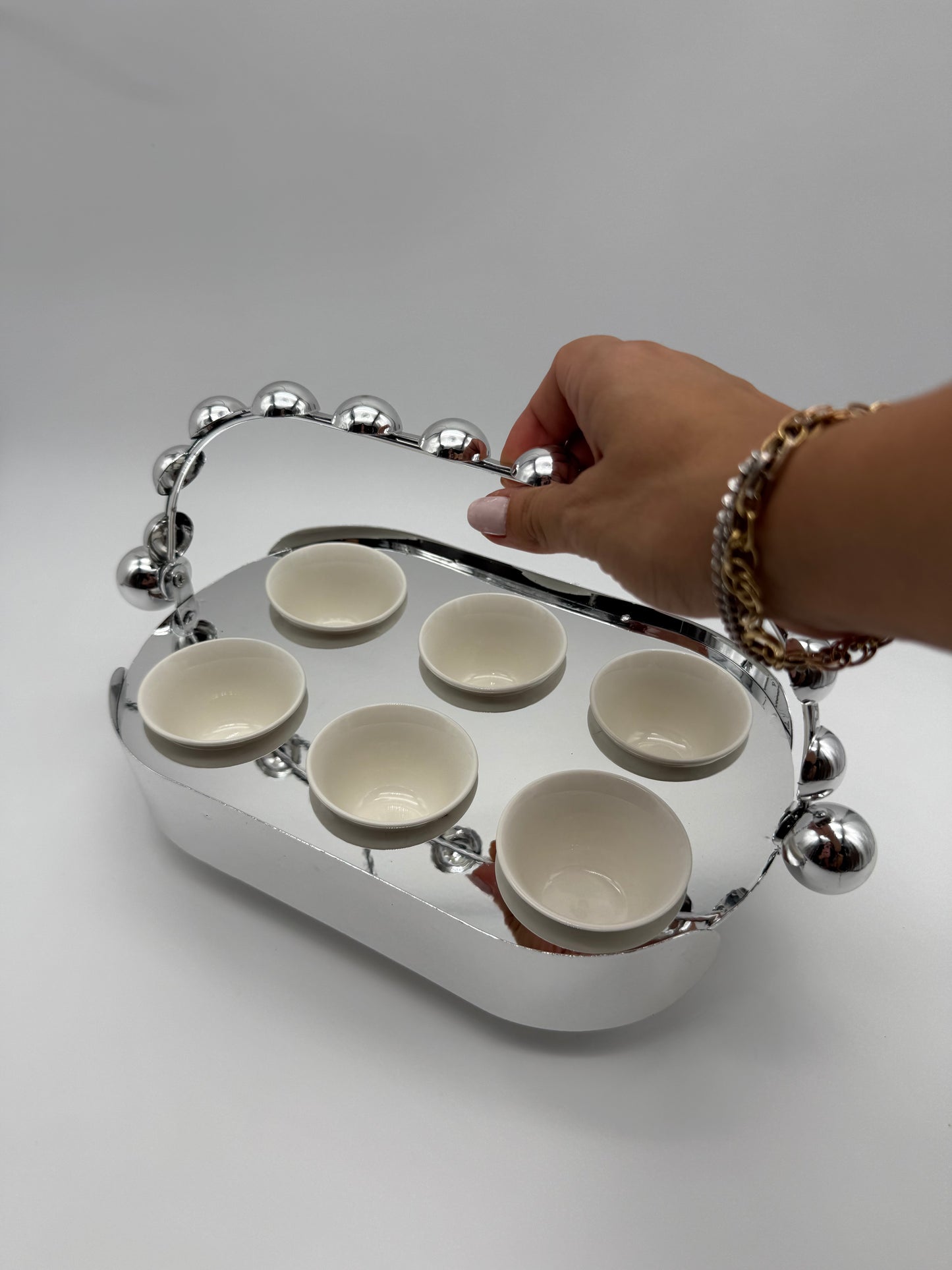 Luxury Metal Coffee Cup Holder Set with 6 Porcelain Cups – 7 Piece Espresso/Arabic Coffee Serving Set (Gold or Silver)