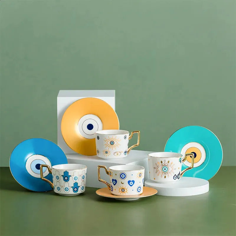 Blue Evil Eye Coffee & Tea Cup Set with Plates