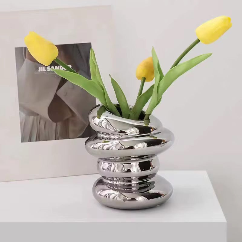 Metallic Stacking Vases Set of 2 Luxury Modern Home Decor Grey Silver Minimalist Minimalism Contemporary Unique Vase