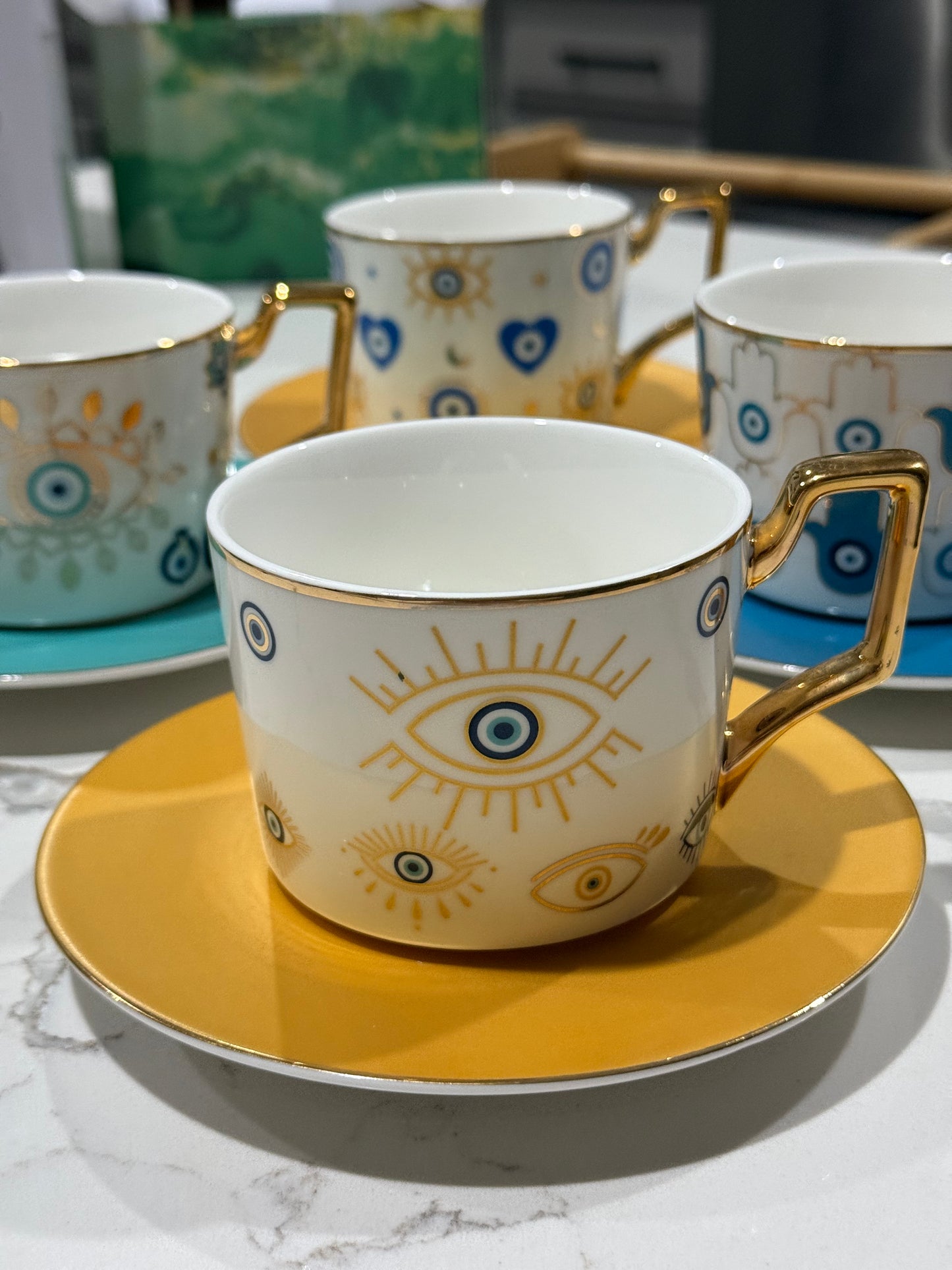 Blue Evil Eye Coffee & Tea Cup Set with Plates