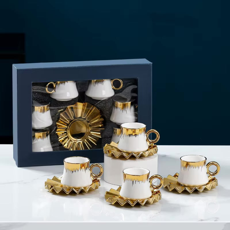 Turkish Coffee Cup Set of 6 with Saucers - 12 pieces Luxury Arabic Ceramic Tea Cups for Espresso White & Gold 100 ml