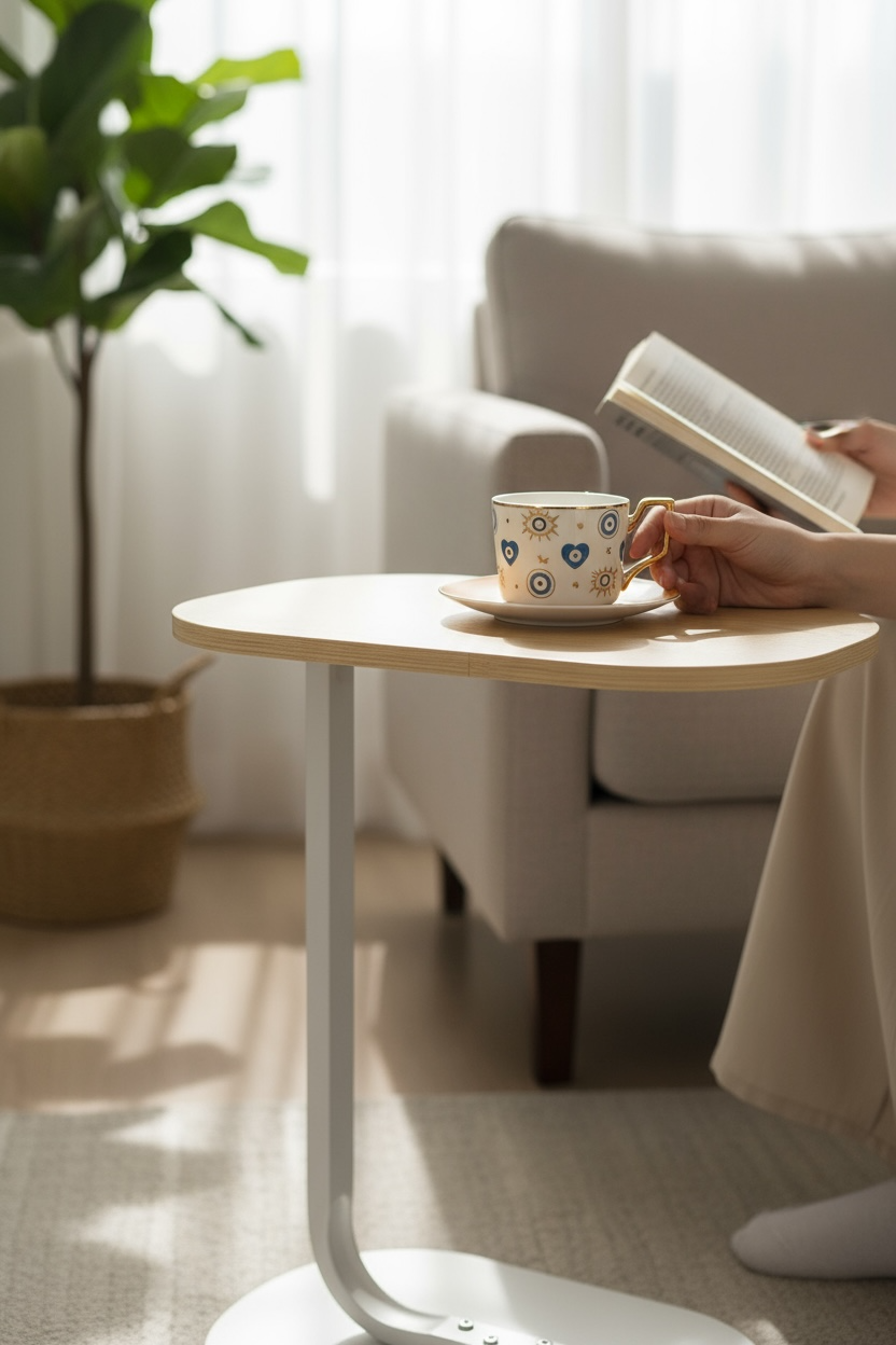 Modern C-Shaped Side Table - Light Brown Beige Wood Color Top with White Wood Base - Couch Laptop Stand End Table