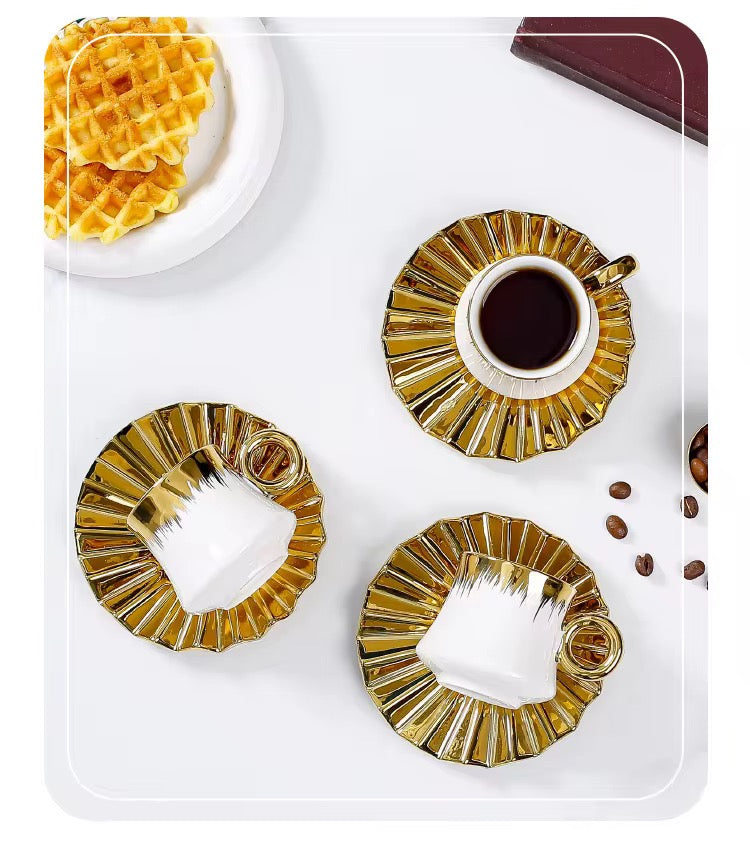 Turkish Coffee Cup Set of 6 with Saucers - 12 pieces Luxury Arabic Ceramic Tea Cups for Espresso White & Gold 100 ml