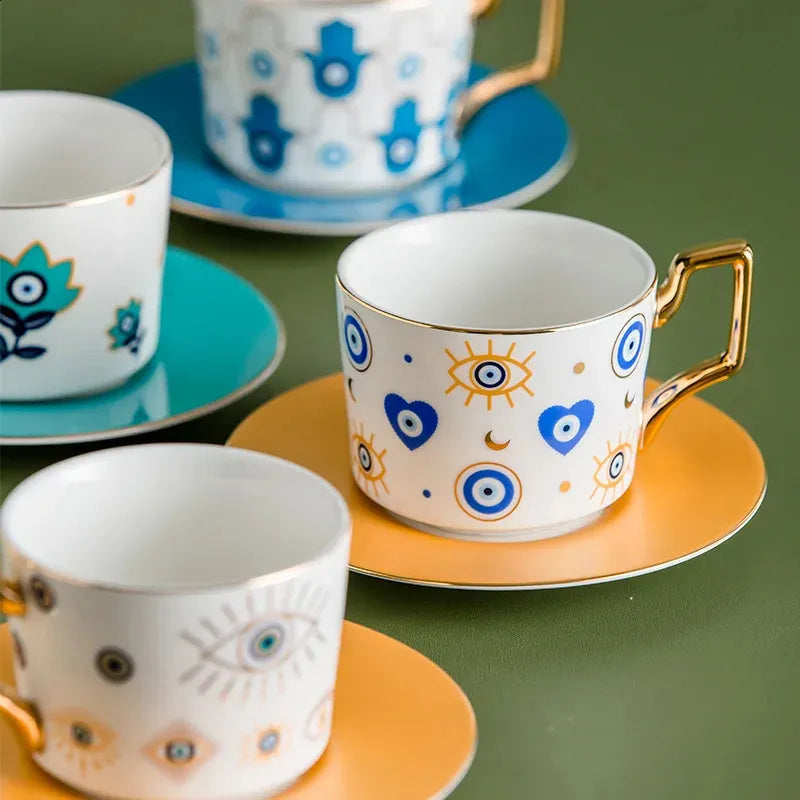 Blue Evil Eye Coffee & Tea Cup Set with Plates