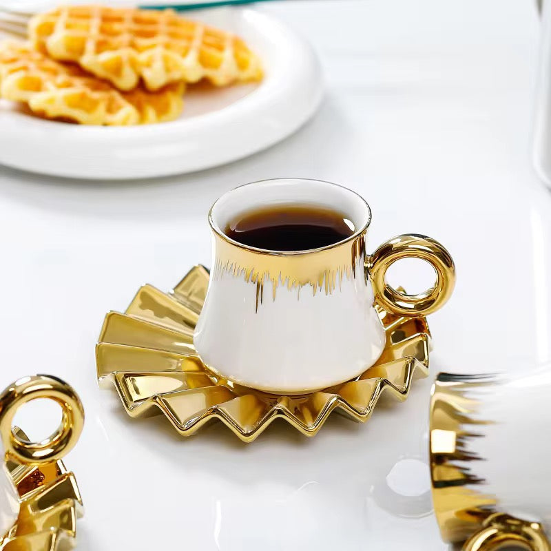 Turkish Coffee Cup Set of 6 with Saucers - 12 pieces Luxury Arabic Ceramic Tea Cups for Espresso White & Gold 100 ml