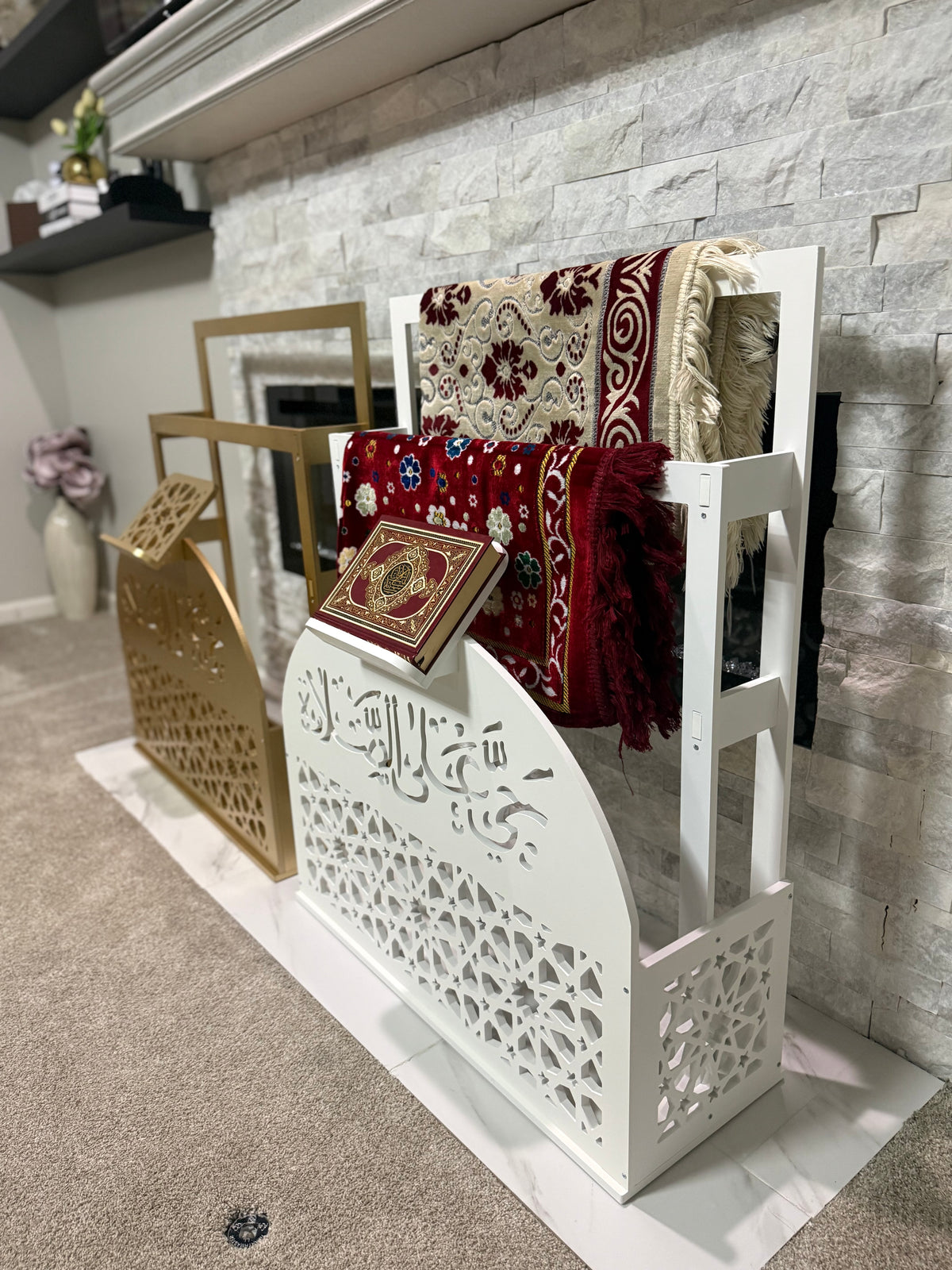 Prayer Mat Stand Wooden White Islamic Prayer Rug Quraan Holder Shelves