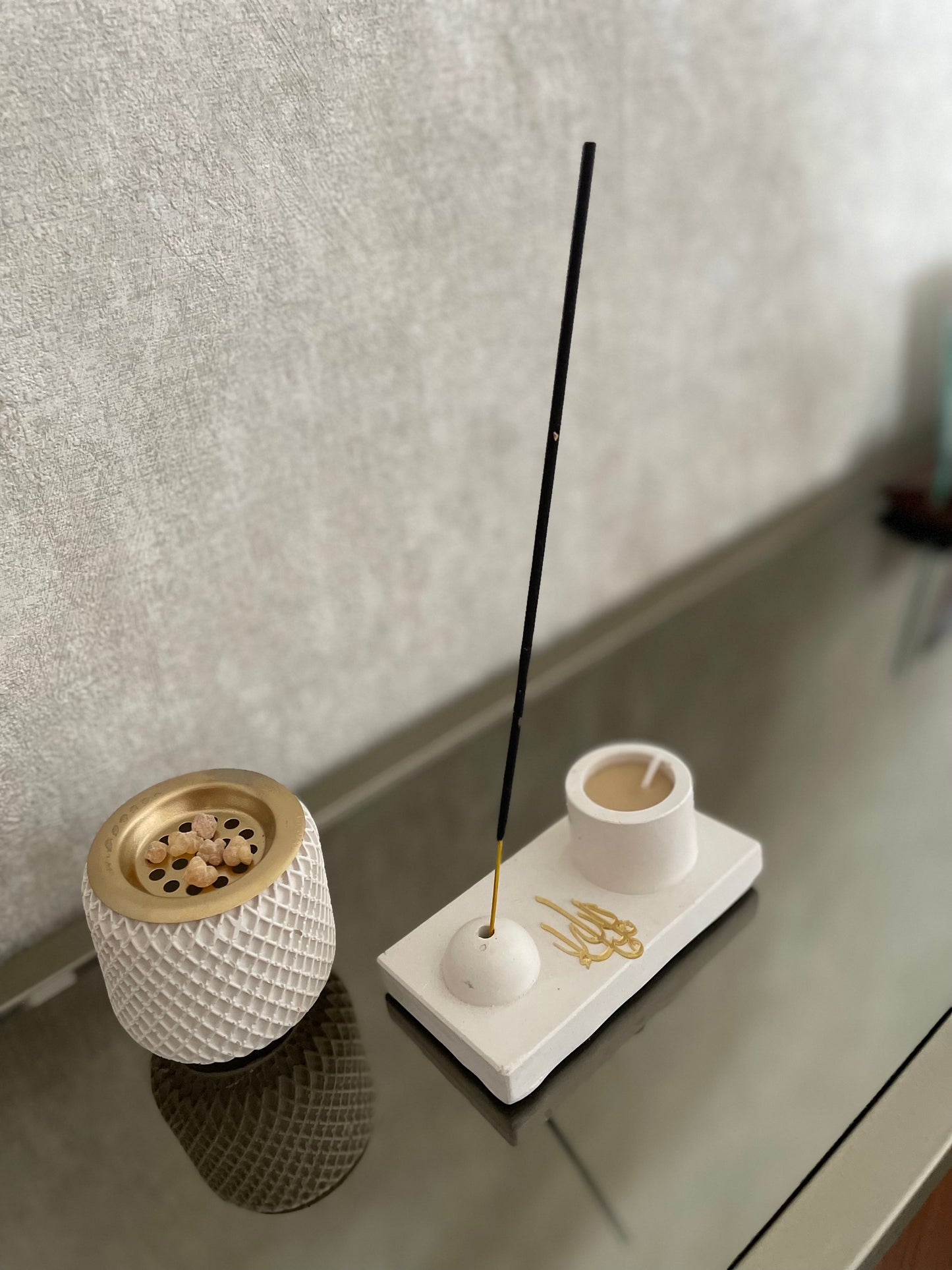 Incense Burner Bakhoor & Candle - Handmade Concrete + 12 FREE incense sticks & FREE tong