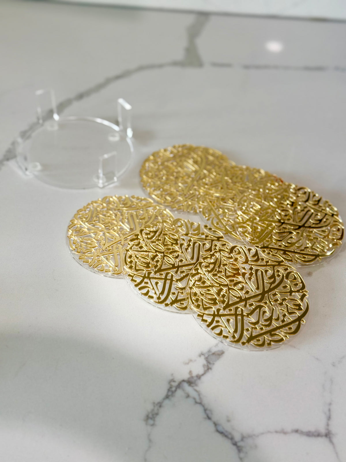 7 pcs Arabic Calligraphy Acrylic Coasters by Khatt By Randa | Black & Gold Set of 6 & Coaster Holder