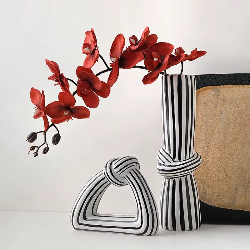 Black & White Striped Vase Set of 2 | Modern Sculptural Ceramic Vases | Chic Home Decor