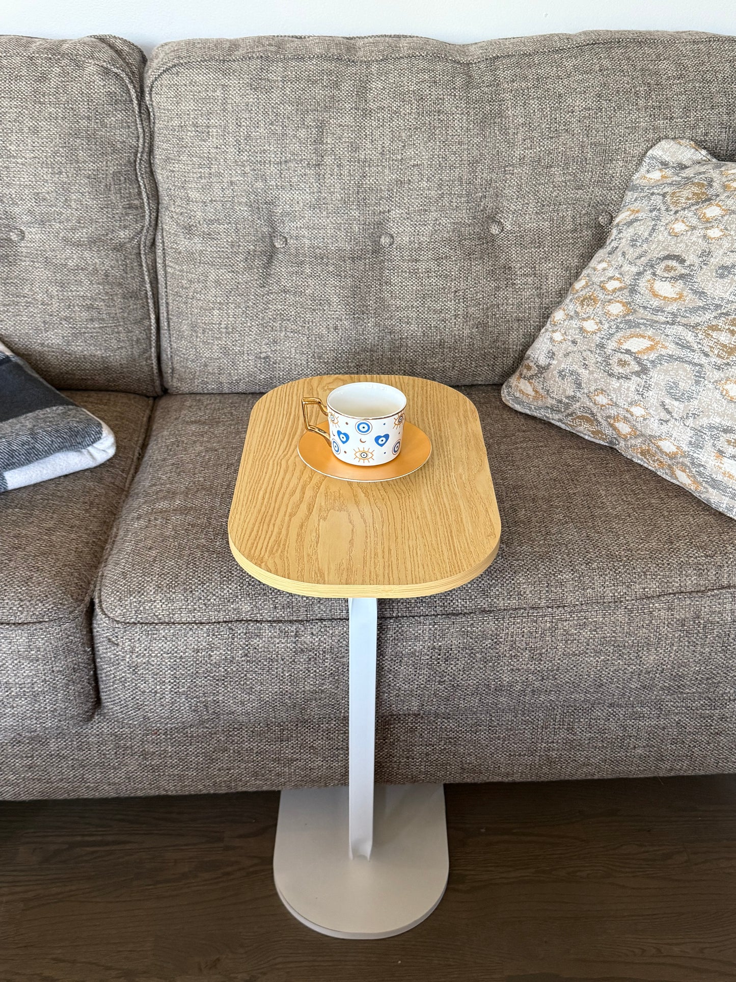 Modern C-Shaped Side Table - Light Brown Beige Wood Color Top with White Wood Base - Couch Laptop Stand End Table