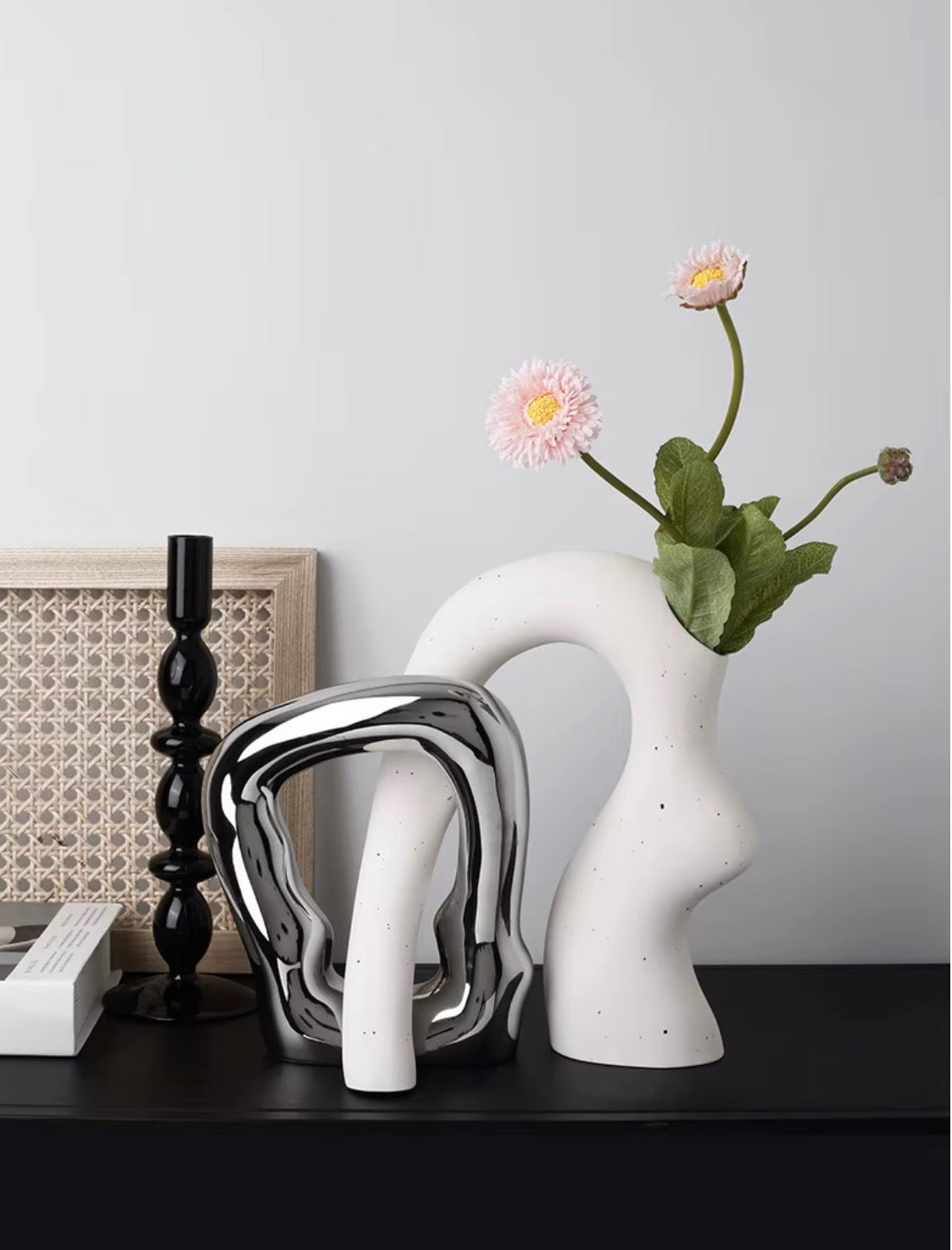 Modern Ceramic Intertwining Vase Set of 2 – White & Metallic Silver Sculptural Decorative Vases