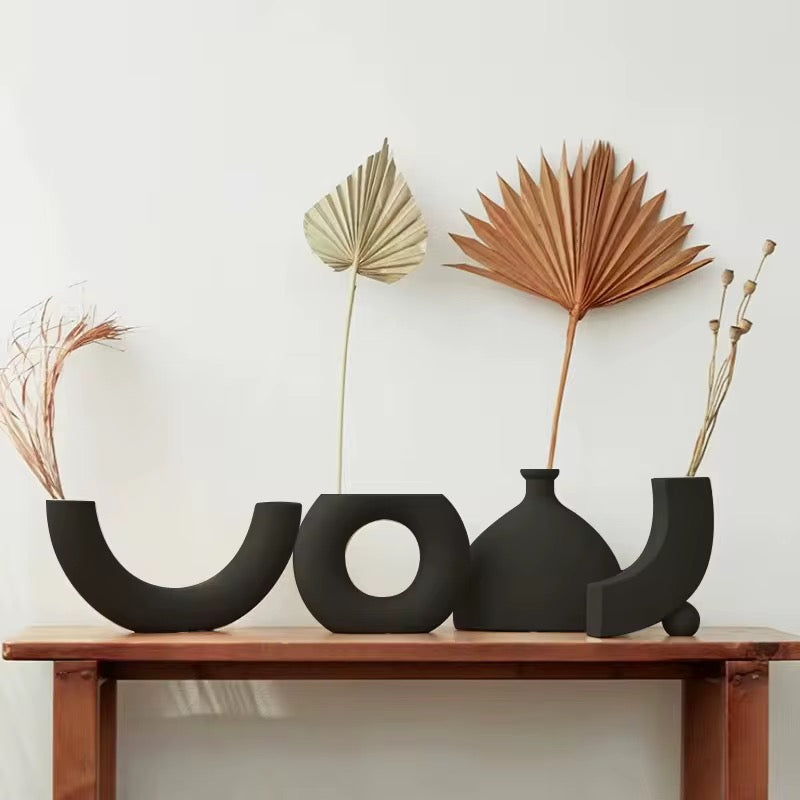 Black Sculptural Vase Set of 4 – Modern Decorative Vases for Home