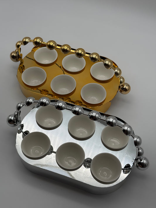 Luxury Metal Coffee Cup Holder Set with 6 Porcelain Cups – 7 Piece Espresso Arabic Turkish Coffee Serving Set (Gold or Silver)