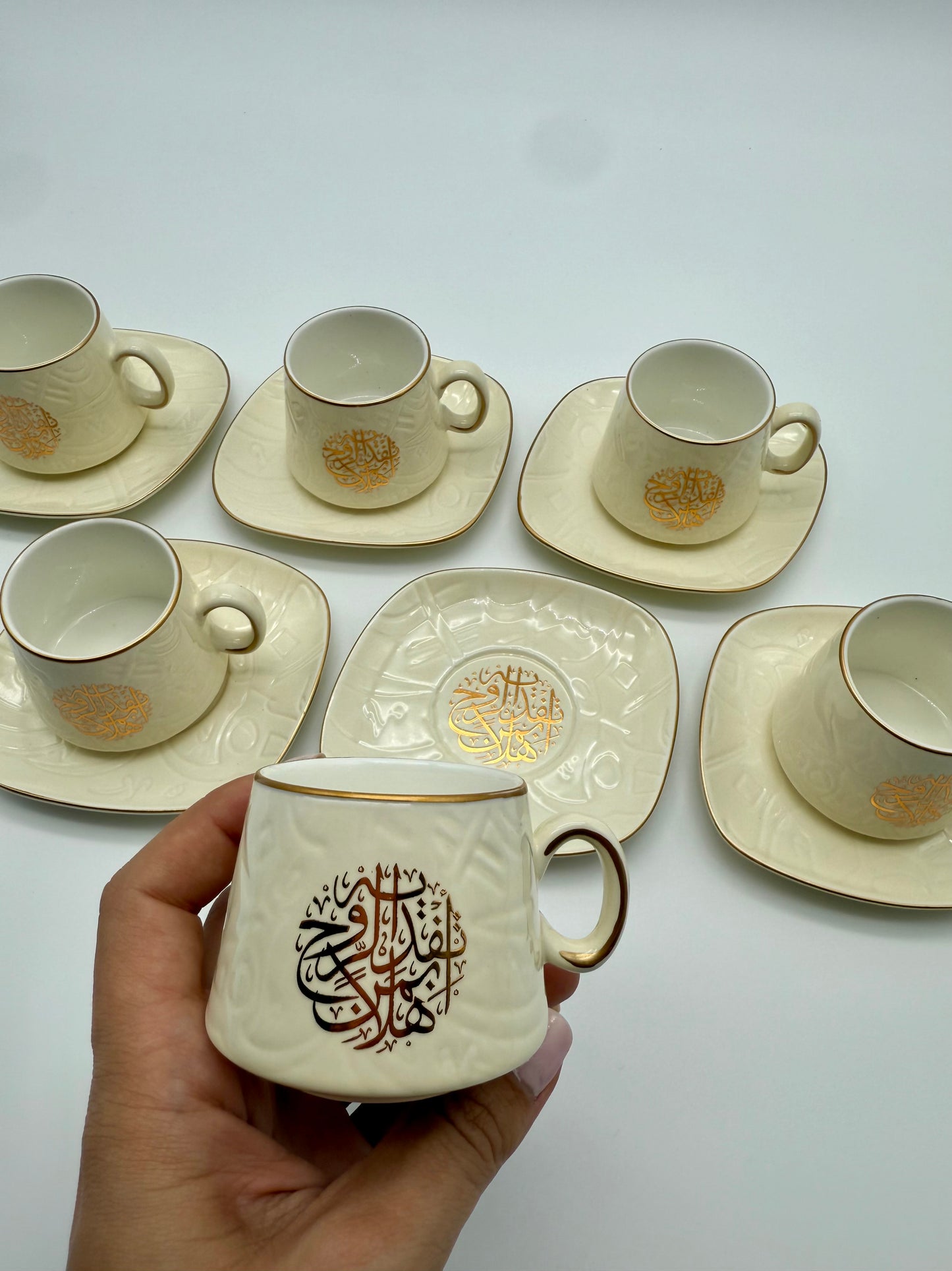 Luxury Off-White Arabic Calligraphy Coffee Cup Set – 12 Piece Ceramic Espresso Cups with Gold Lettering (6 Cups & 6 Saucers