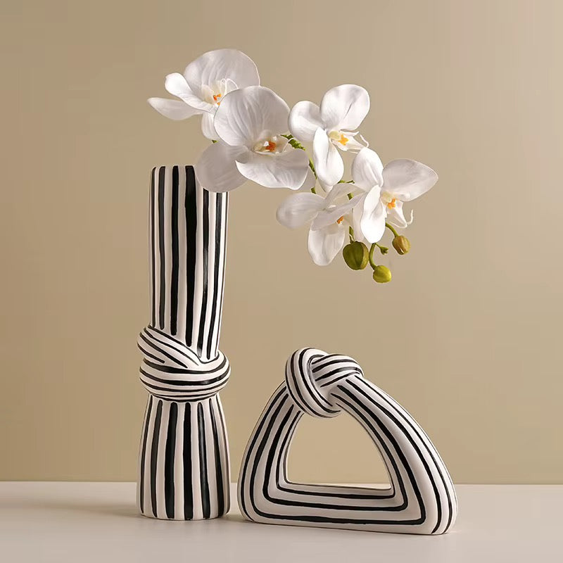 Black & White Striped Vase Set of 2 | Modern Sculptural Ceramic Vases | Chic Home Decor
