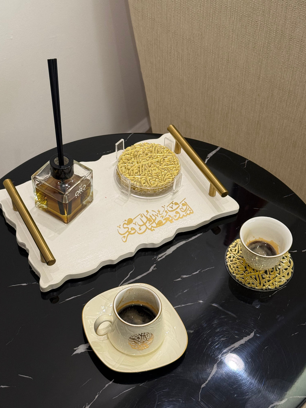 7 pcs Arabic Calligraphy Acrylic Coasters by Khatt By Randa | Black & Gold Set of 6 & Coaster Holder