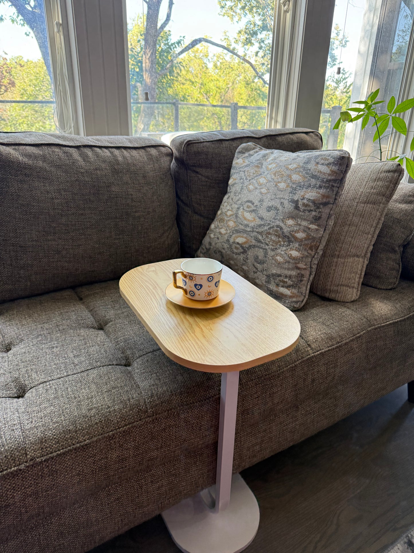 Modern C-Shaped Side Table - Light Brown Beige Wood Color Top with White Wood Base - Couch Laptop Stand End Table