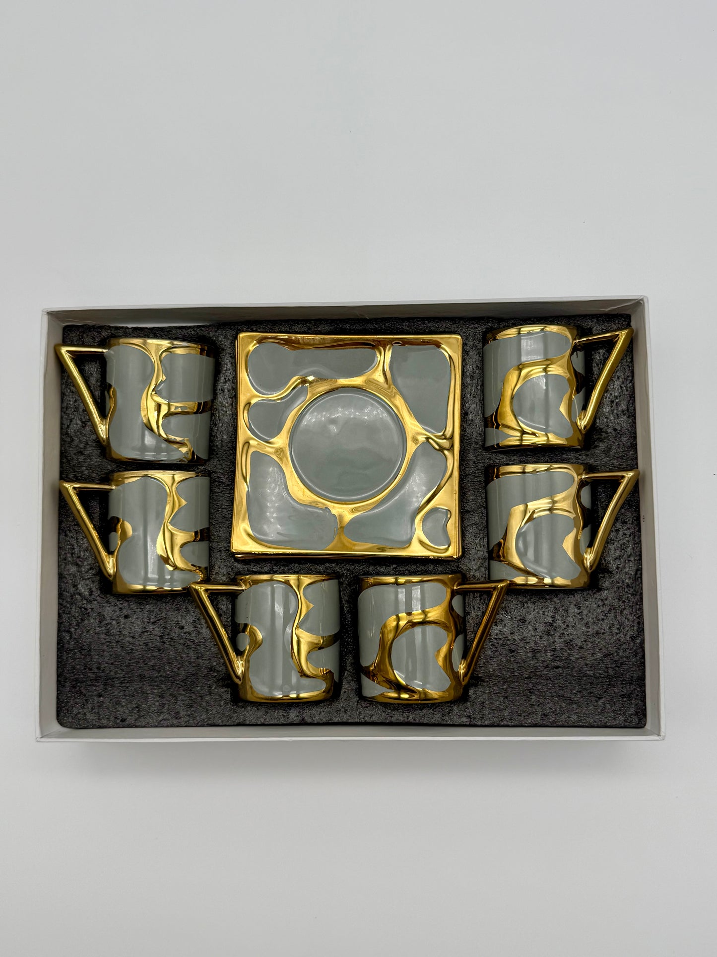 Luxury Modern Coffee Cup Set with Saucers – 12 Piece Espresso Cups & Plates, Gold and Gray Porcelain Coffee Mugs (6 Cups & 6 Saucers)