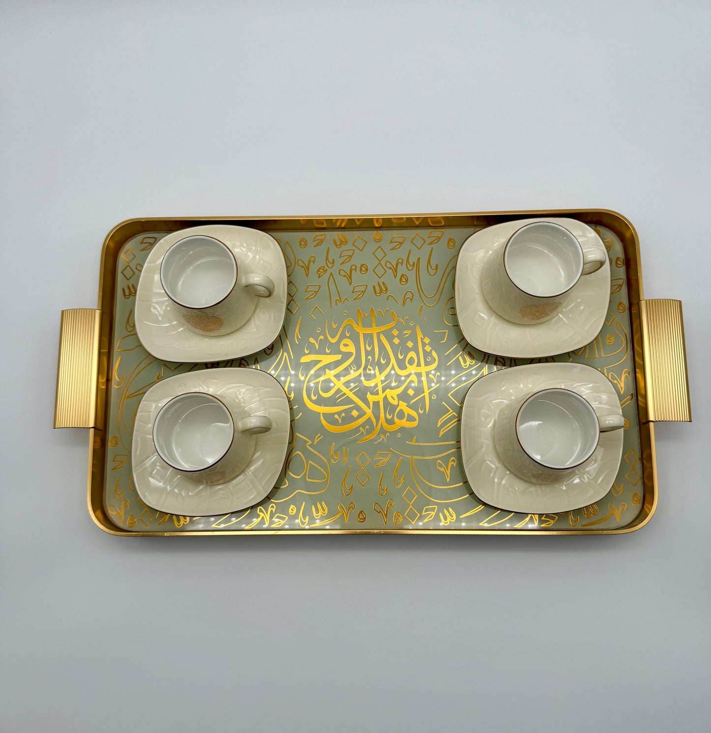BUNDLE SET - Luxury Off-White Arabic Calligraphy Coffee Cup & Tray Set – 13 Piece Porcelain Espresso Cups with Glass & Metal Serving Tray
