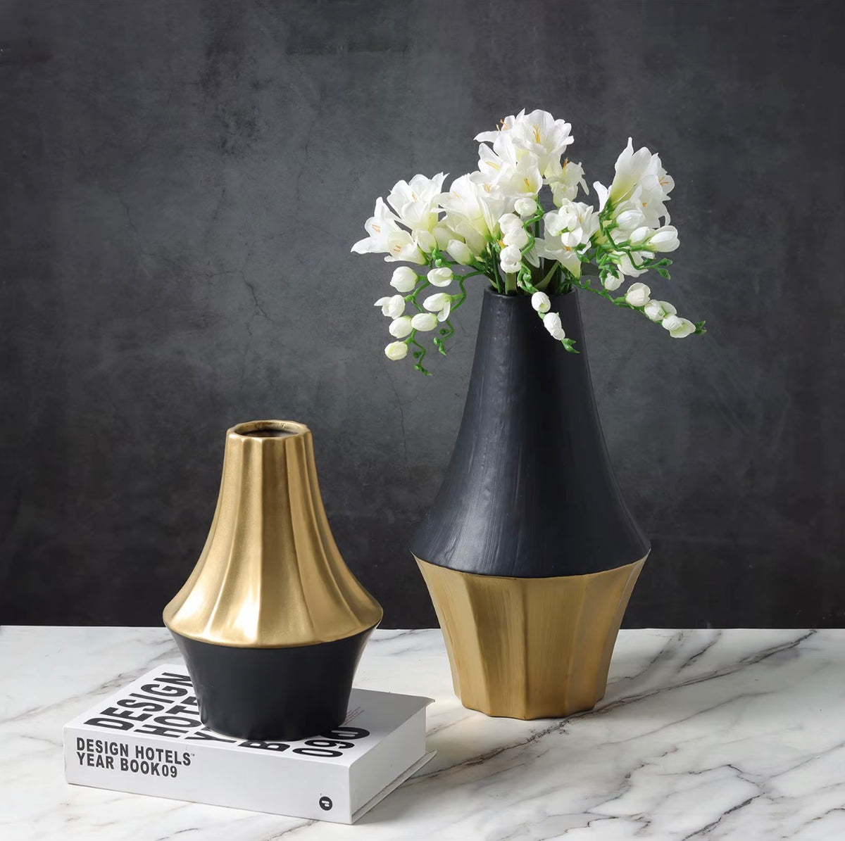 Black & Gold Electroplated Ceramic Vase Set of 2 | Luxury Modern Decorative Vases