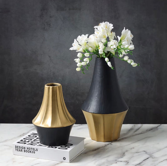 Black & Gold Electroplated Ceramic Vase Set of 2 | Luxury Modern Decorative Vases