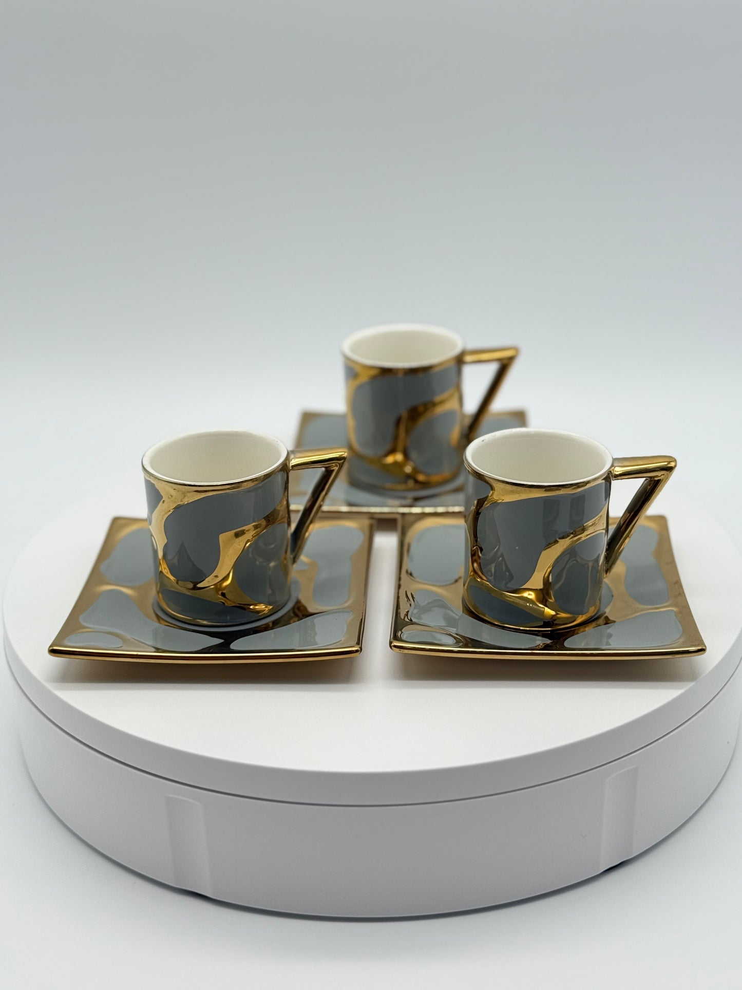 Luxury Modern Coffee Cup Set with Saucers – 12 Piece Espresso Cups & Plates, Gold and Gray Porcelain Coffee Mugs (6 Cups & 6 Saucers)