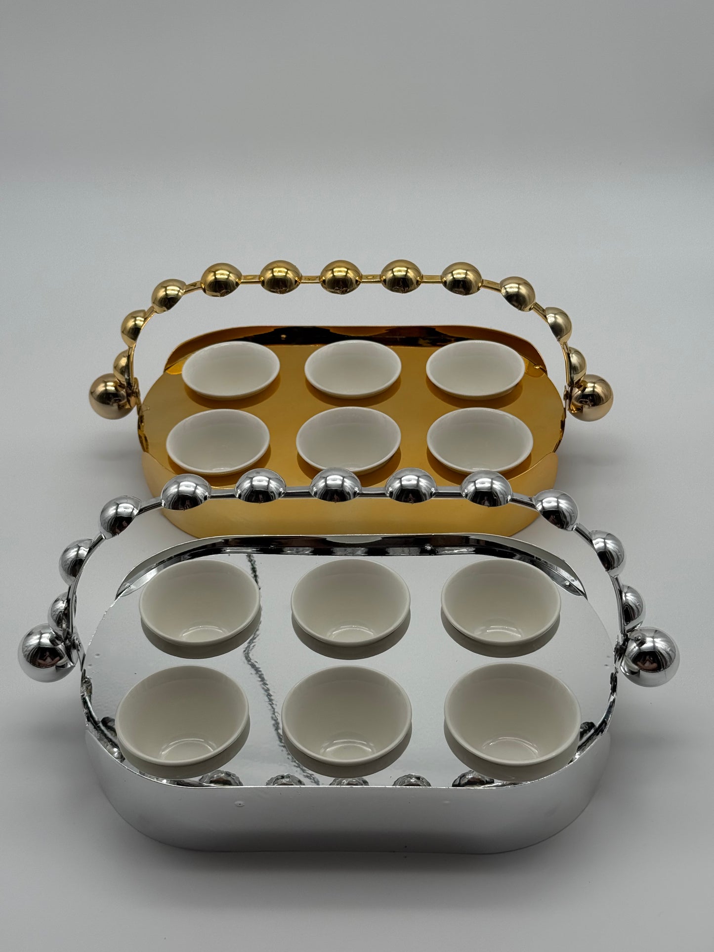 Luxury Metal Coffee Cup Holder Set with 6 Porcelain Cups – 7 Piece Espresso/Arabic Coffee Serving Set (Gold or Silver)