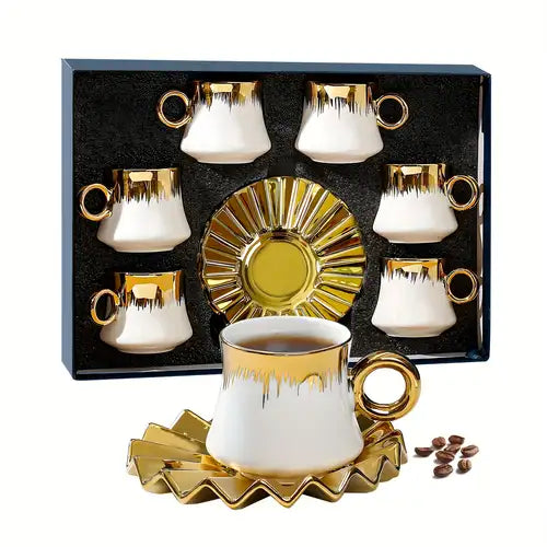 Turkish Coffee Cup Set of 6 with Saucers - 12 pieces Luxury Arabic Ceramic Tea Cups for Espresso White & Gold 100 ml