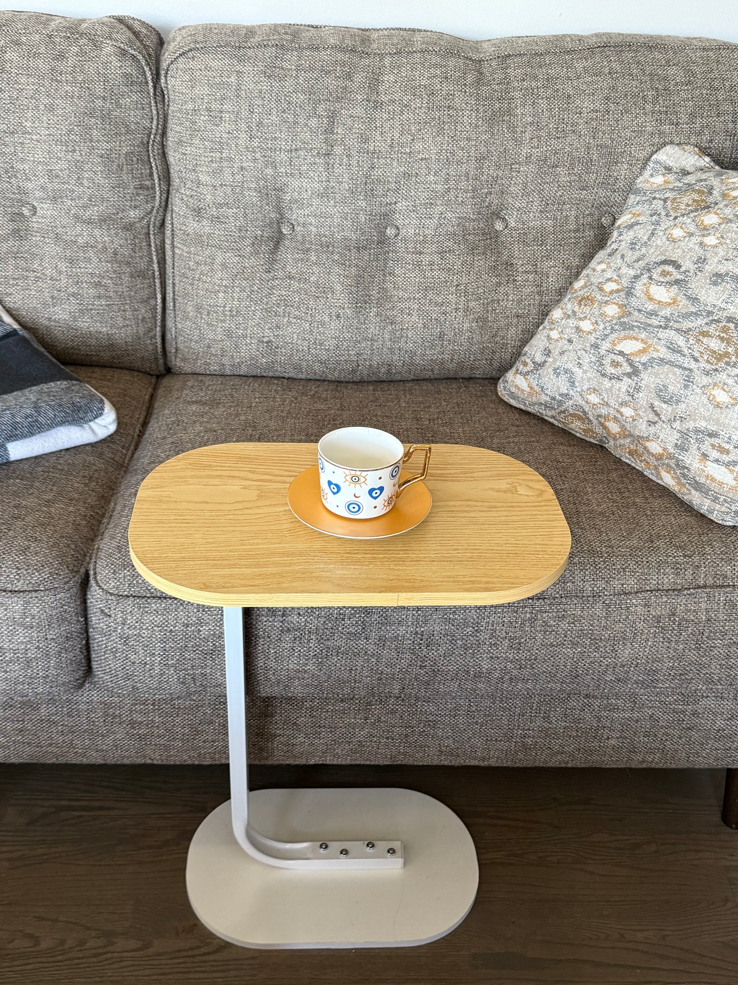 Modern C-Shaped Side Table - Light Brown Beige Wood Color Top with White Wood Base - Couch Laptop Stand End Table