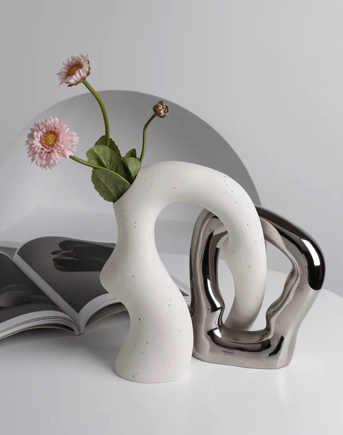 Modern Ceramic Intertwining Vase Set of 2 – White & Metallic Silver Sculptural Decorative Vases