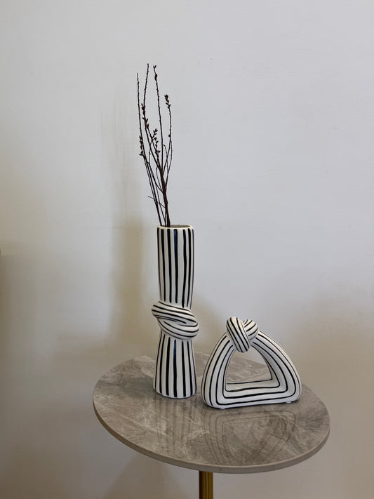 Black & White Striped Vase Set of 2 | Modern Sculptural Ceramic Vases | Chic Home Decor
