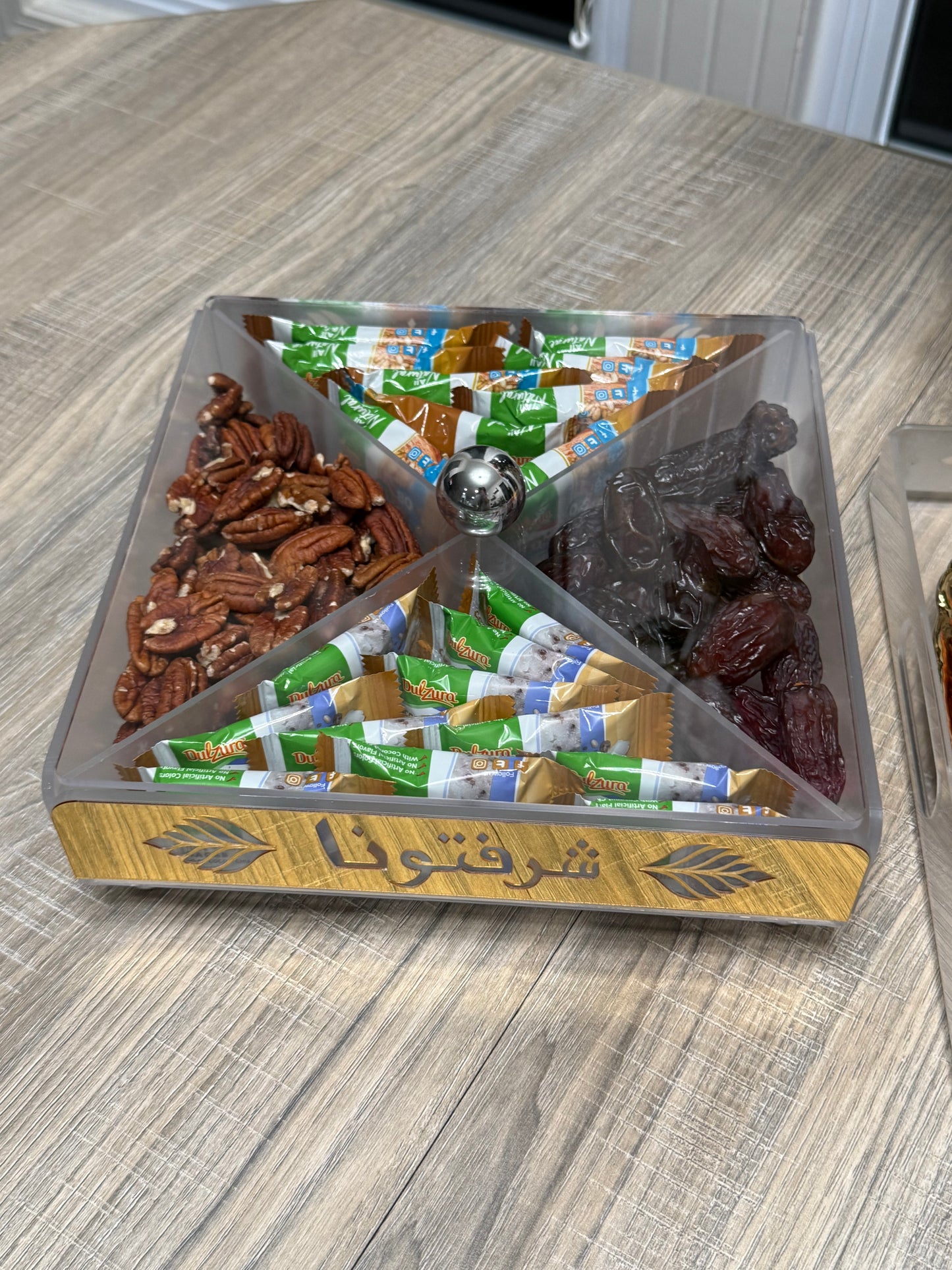 BUNDLE SET - 3 Pcs Arabic Calligraphy Acrylic Snack Organizer & Serving Trays – “Sharaftuna” 4-Section Candy, Dates & Nuts Box with Lid (Gold Ramadan Eid Decor)