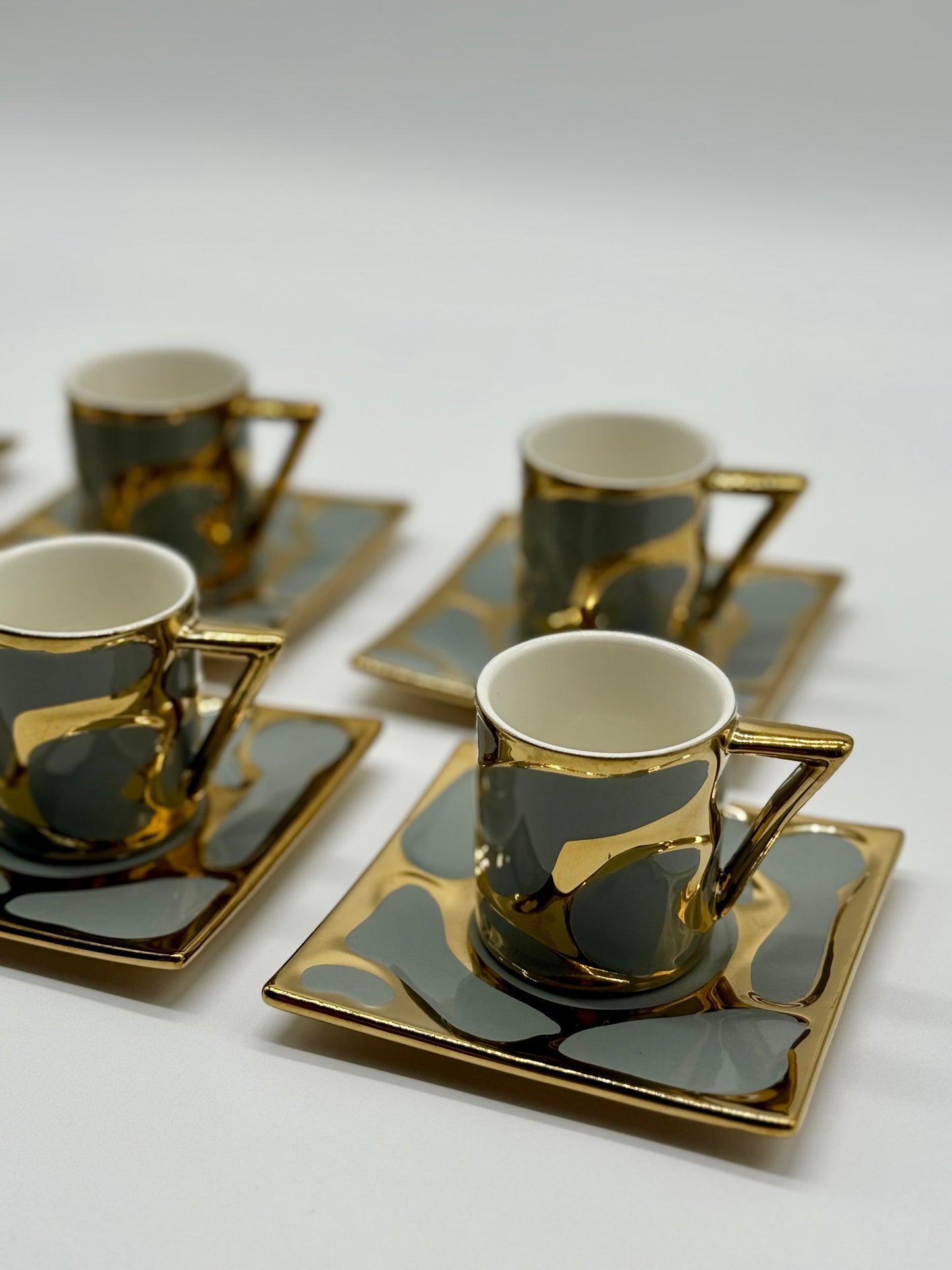 Luxury Modern Coffee Cup Set with Saucers – 12 Piece Espresso Cups & Plates, Gold and Gray Porcelain Coffee Mugs (6 Cups & 6 Saucers)