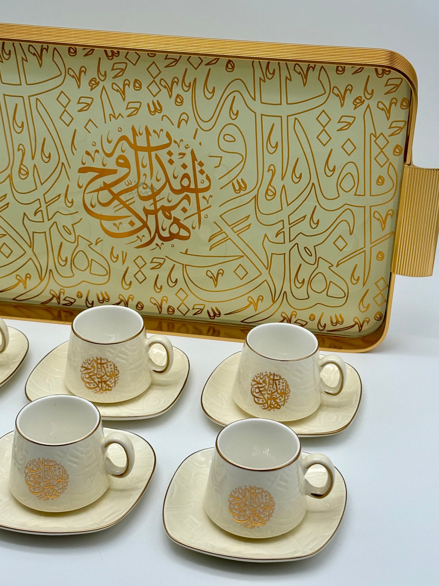BUNDLE SET - Luxury Off-White Arabic Calligraphy Coffee Cup & Tray Set – 13 Piece Porcelain Espresso Cups with Glass & Metal Serving Tray