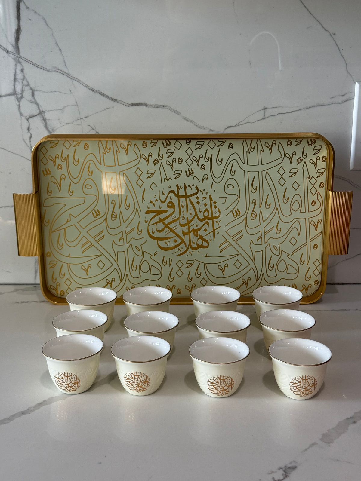 12 pcs Luxury Off-White Arabic Calligraphy Coffee Cup Set – 12 Piece Ceramic Espresso Arabic Turkish Cups Gift Ideas