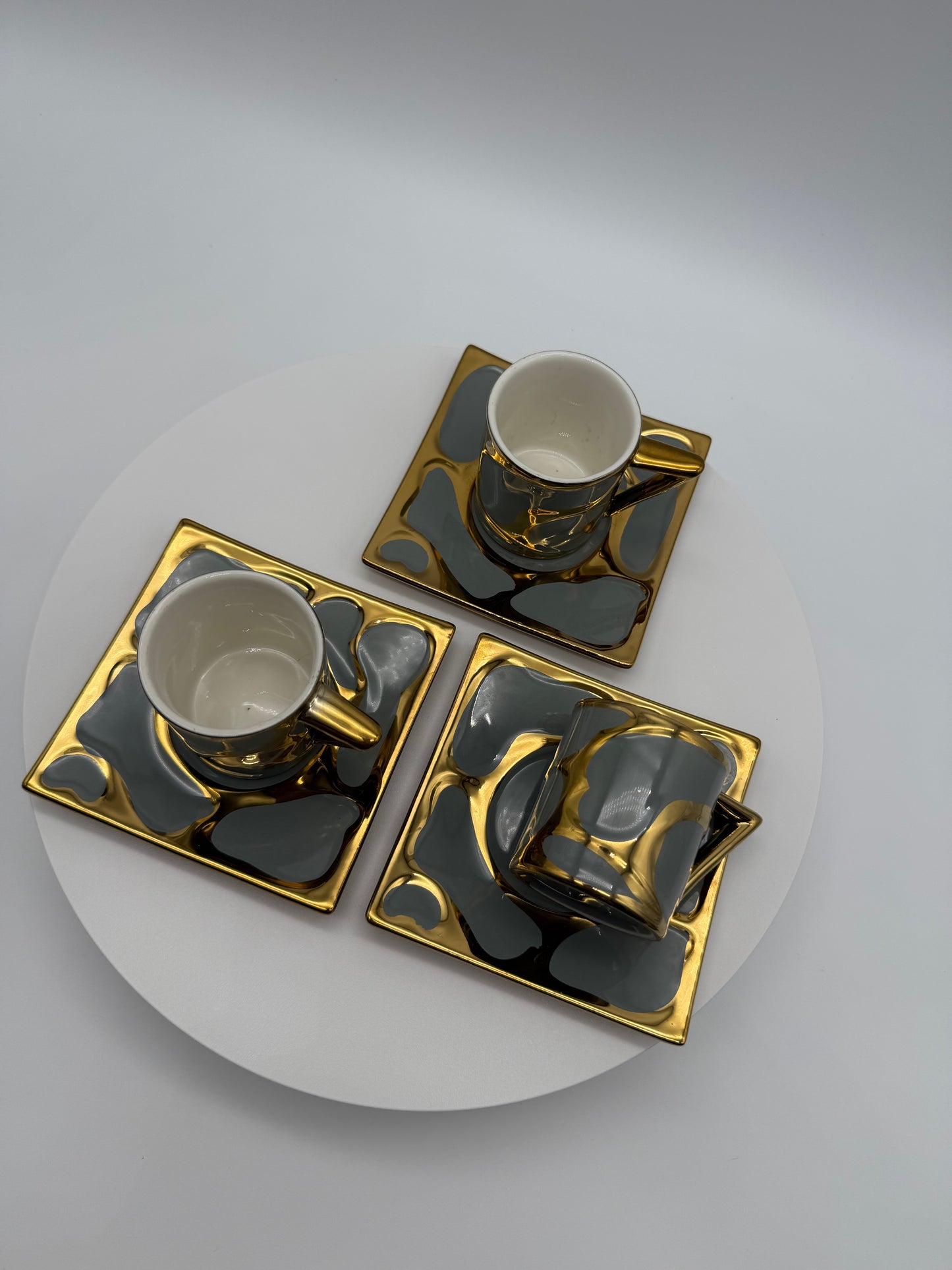 Luxury Modern Coffee Cup Set with Saucers – 12 Piece Espresso Cups & Plates, Gold and Gray Porcelain Coffee Mugs (6 Cups & 6 Saucers)