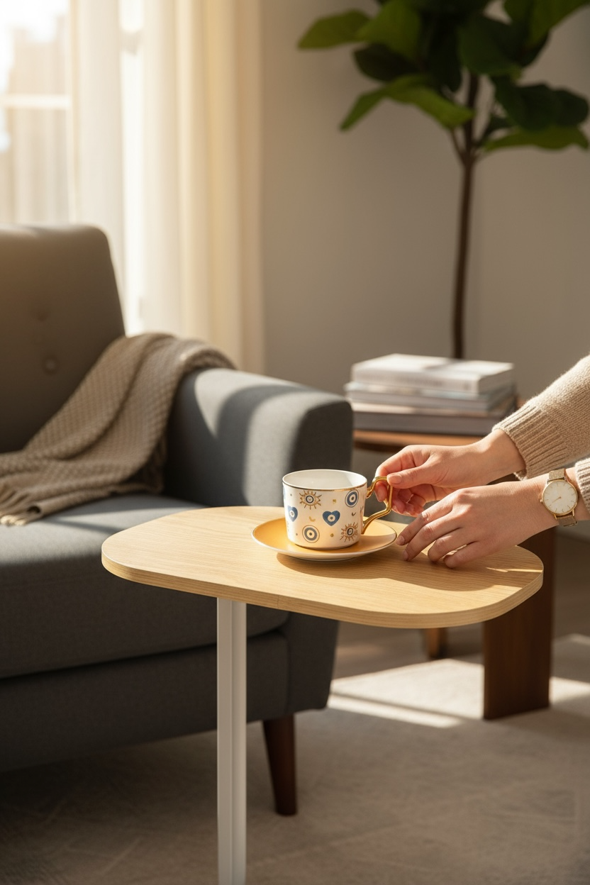 Modern C-Shaped Side Table - Light Brown Beige Wood Color Top with White Wood Base - Couch Laptop Stand End Table