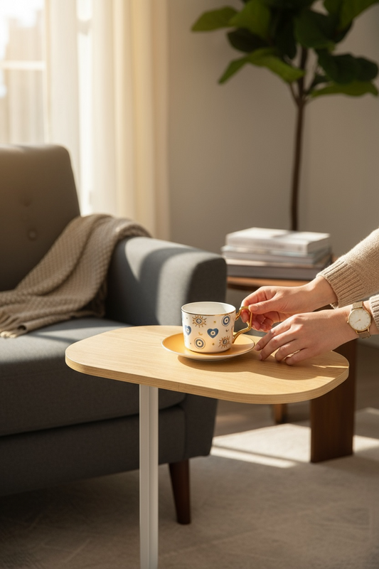 Modern C-Shaped Side Table - Light Brown Beige Wood Color Top with White Wood Base - Couch Laptop Stand End Table
