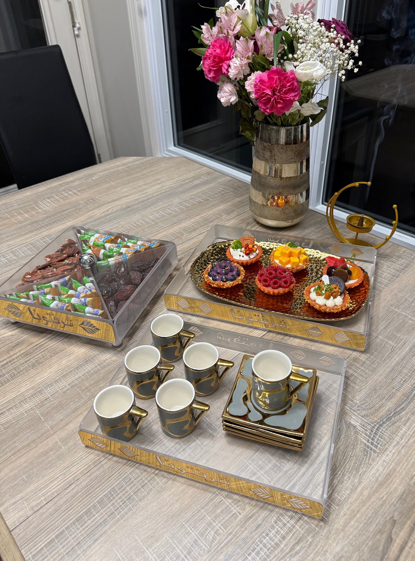 BUNDLE SET - 3 Pcs Arabic Calligraphy Acrylic Snack Organizer & Serving Trays – “Sharaftuna” 4-Section Candy, Dates & Nuts Box with Lid (Gold Ramadan Eid Decor)