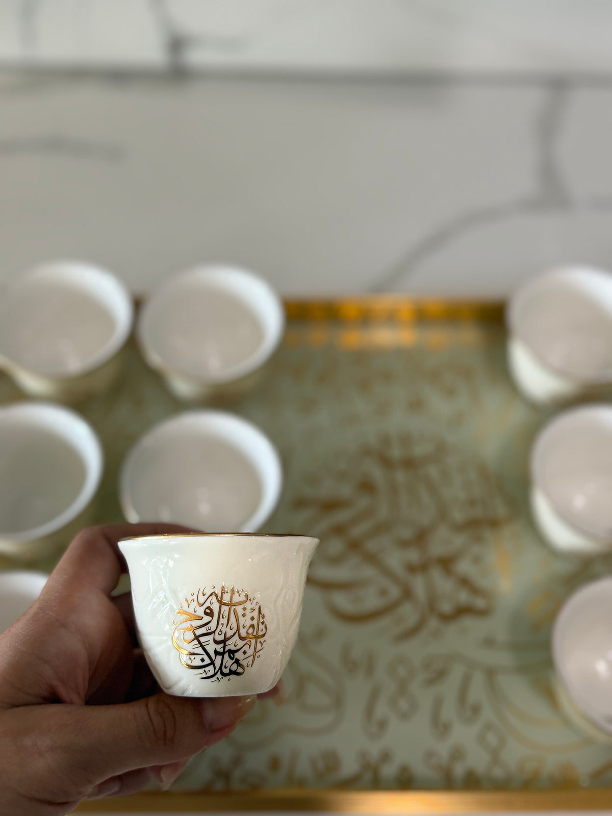 12 pcs Luxury Off-White Arabic Calligraphy Coffee Cup Set – 12 Piece Ceramic Espresso Arabic Turkish Cups Gift Ideas