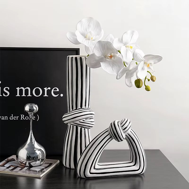 Black & White Striped Vase Set of 2 | Modern Sculptural Ceramic Vases | Chic Home Decor