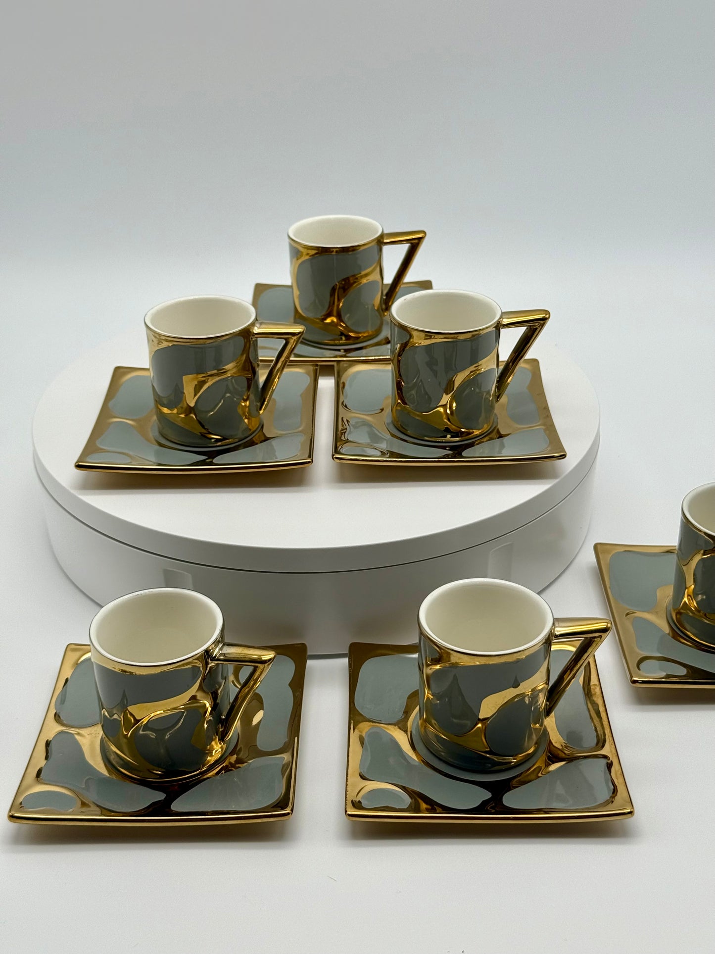 Luxury Modern Coffee Cup Set with Saucers – 12 Piece Espresso Cups & Plates, Gold and Gray Porcelain Coffee Mugs (6 Cups & 6 Saucers)