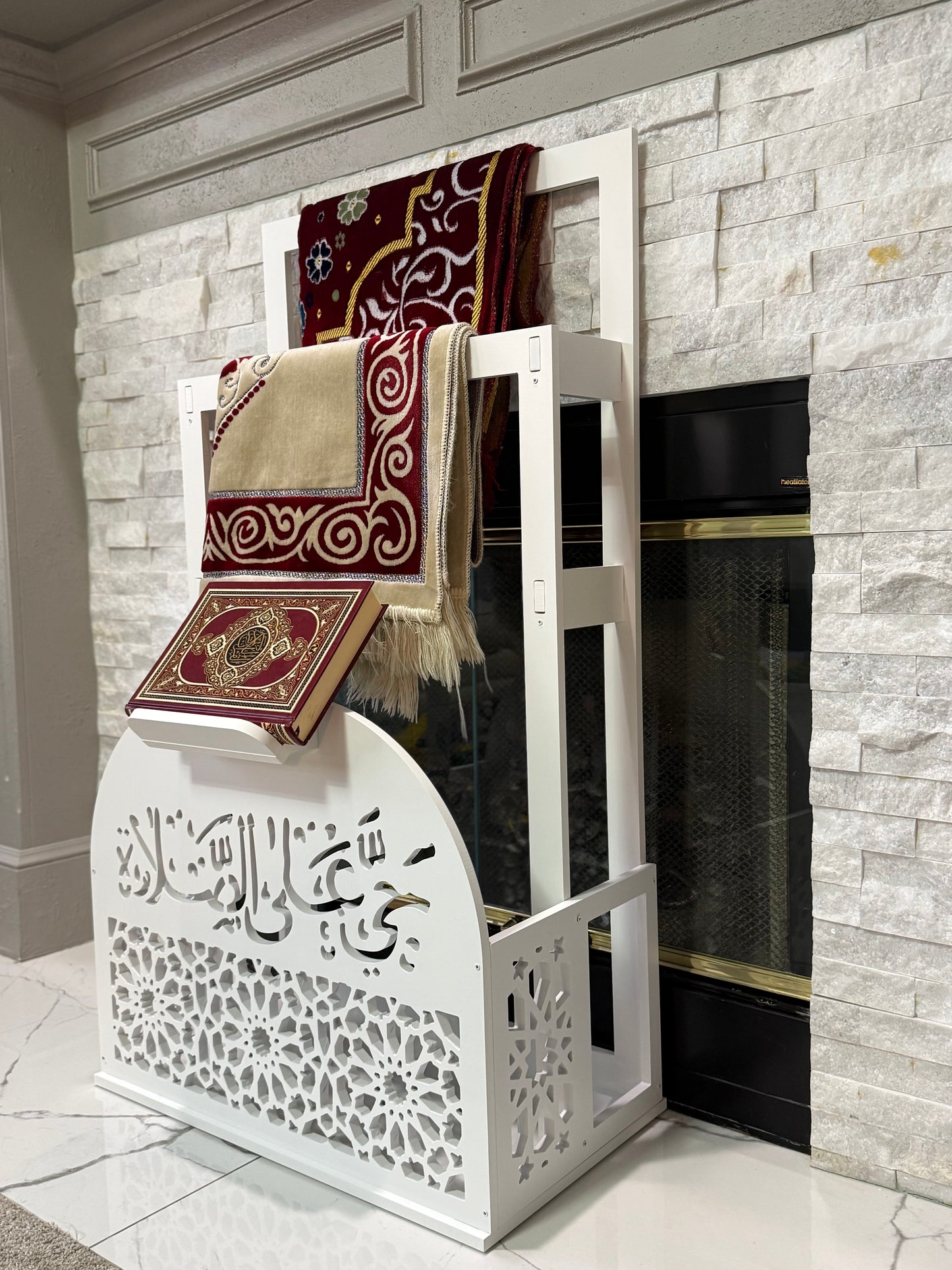 Prayer Mat Stand Wooden White Islamic Prayer Rug Quraan Holder Shelves