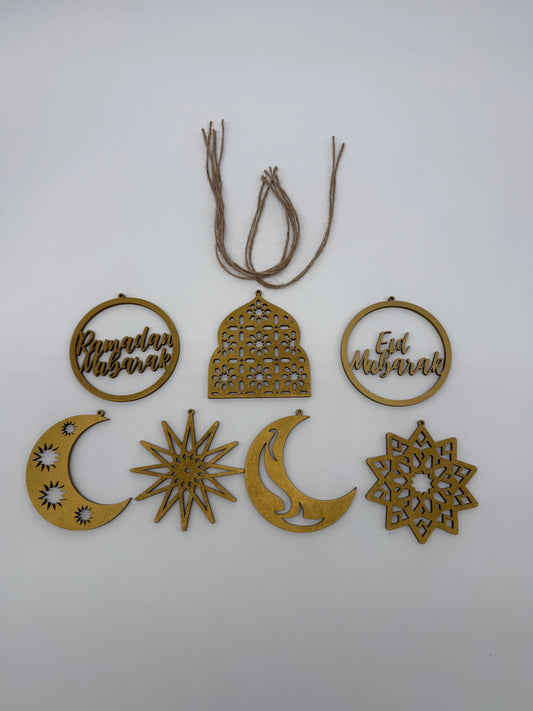 Ramadan Eid Ornaments Set – Islamic Wooden & Gold Decorations | Arabic Ramadan Decor | Muslim Holiday Tree Ornaments (Set of 7)
