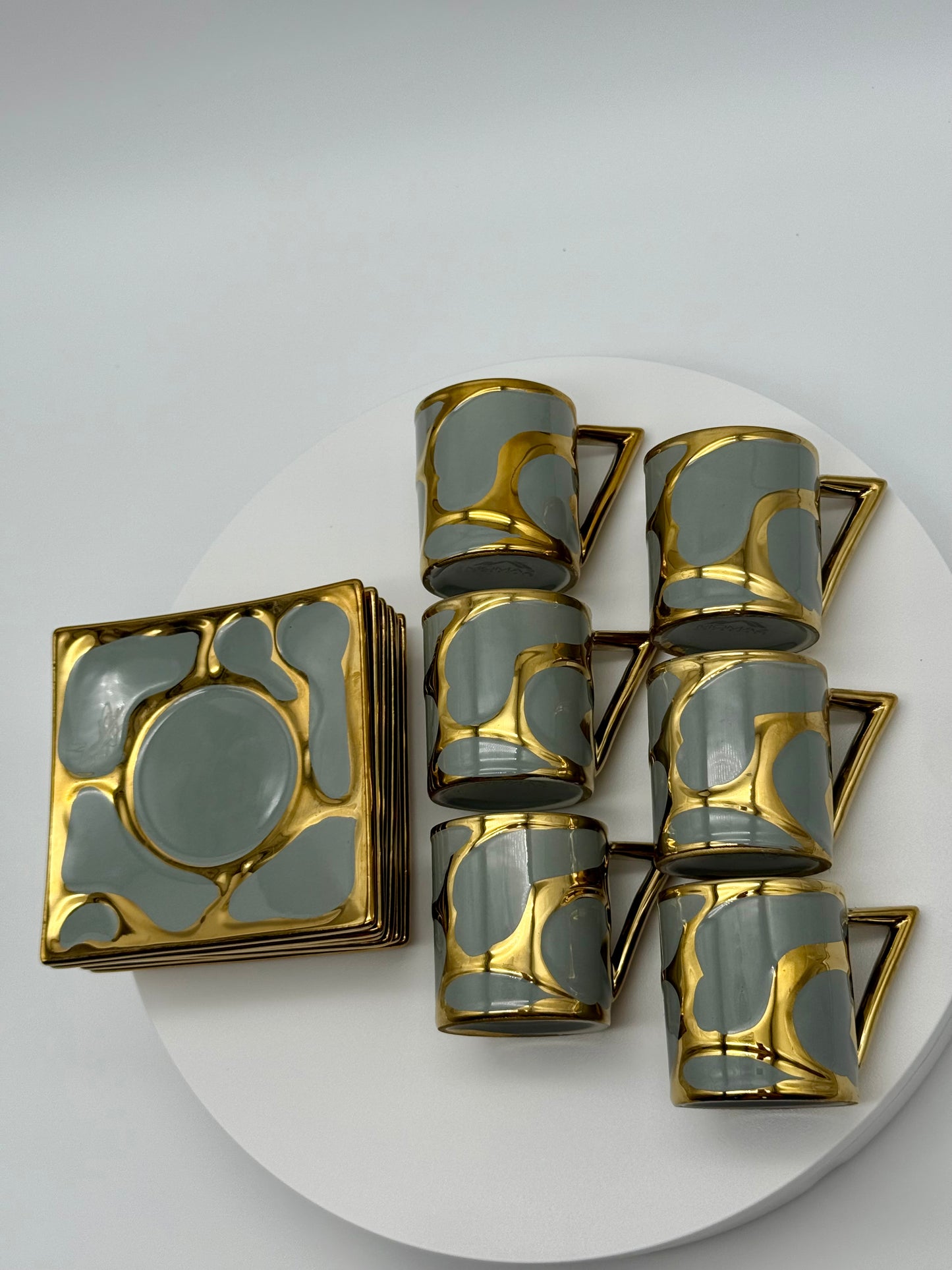 Luxury Modern Coffee Cup Set with Saucers – 12 Piece Espresso Cups & Plates, Gold and Gray Porcelain Coffee Mugs (6 Cups & 6 Saucers)