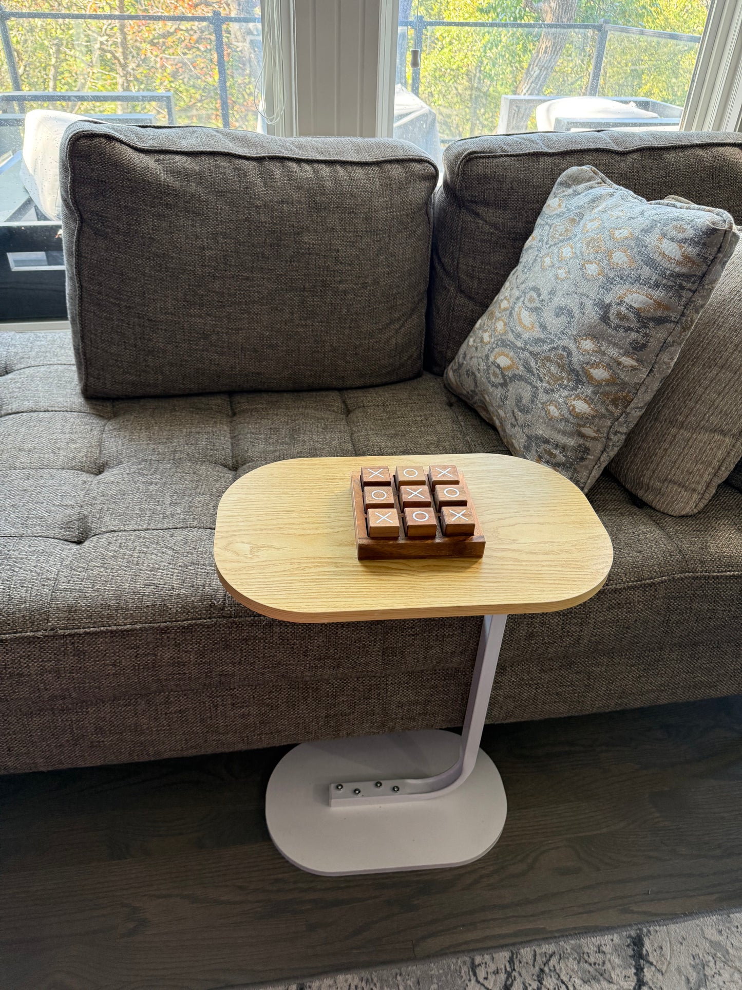 Modern C-Shaped Side Table - Light Brown Beige Wood Color Top with White Wood Base - Couch Laptop Stand End Table