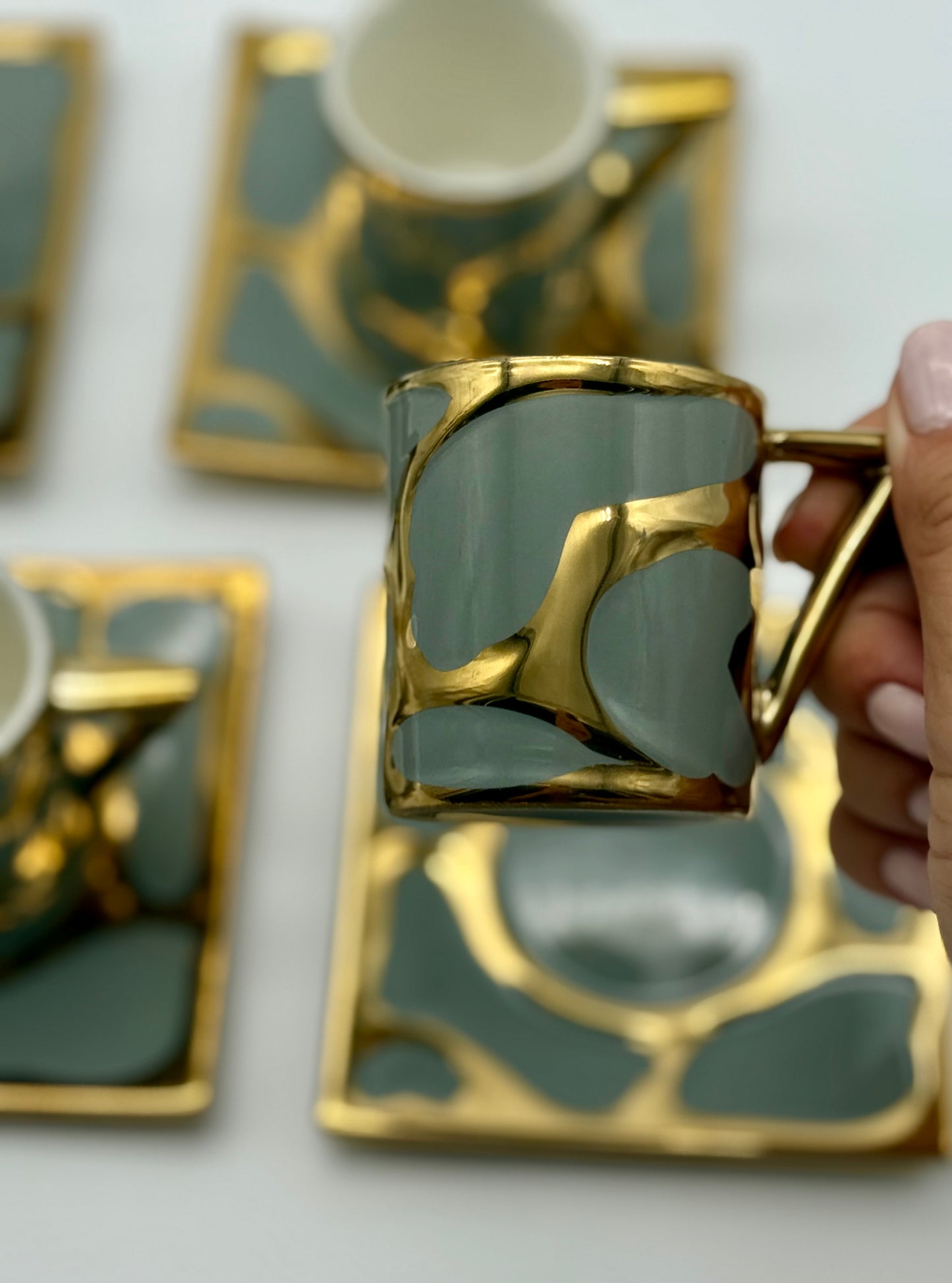 Luxury Modern Coffee Cup Set with Saucers – 12 Piece Espresso Cups & Plates, Gold and Gray Porcelain Coffee Mugs (6 Cups & 6 Saucers)