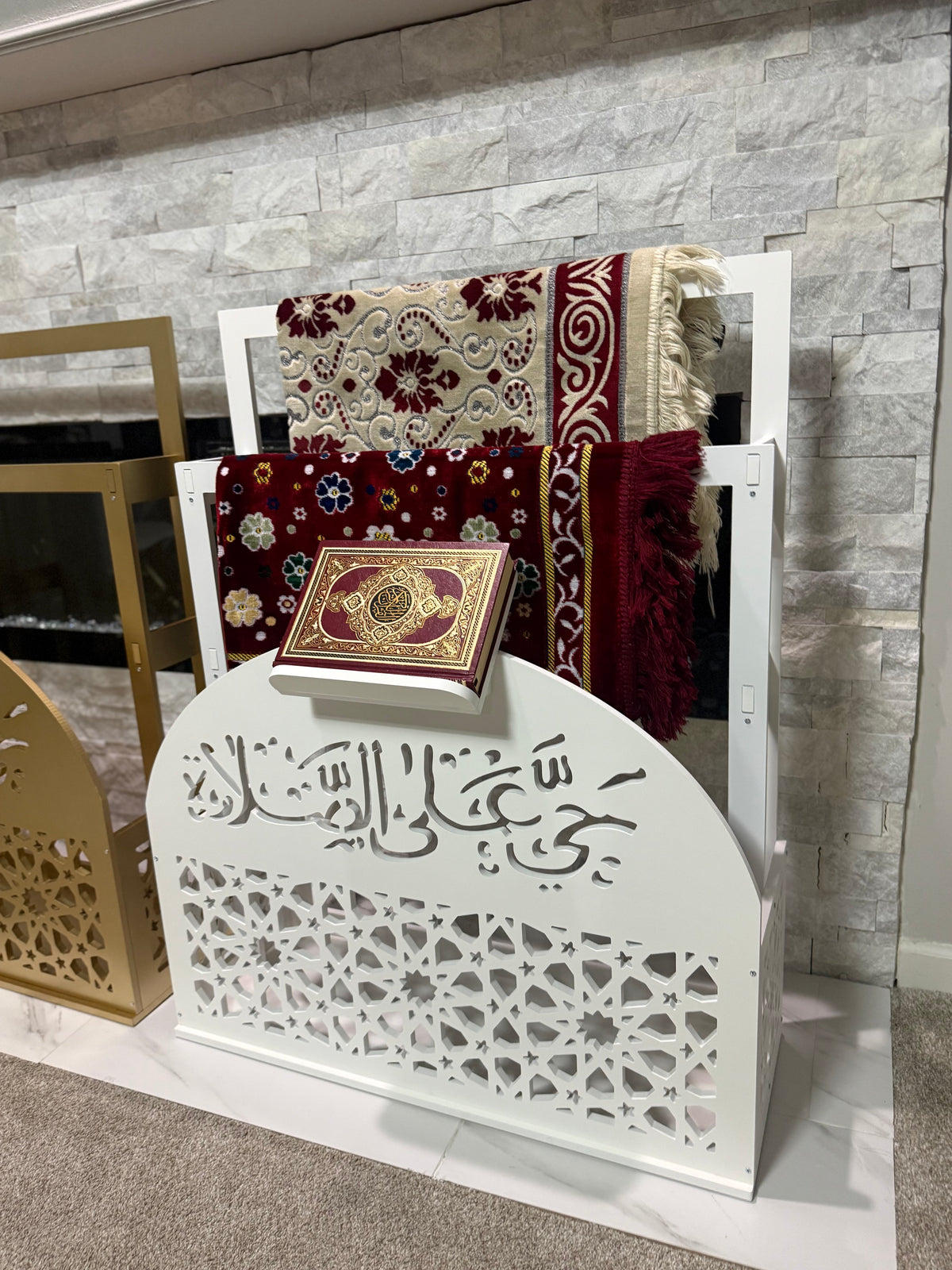 Prayer Mat Stand Wooden White Islamic Prayer Rug Quraan Holder Shelves